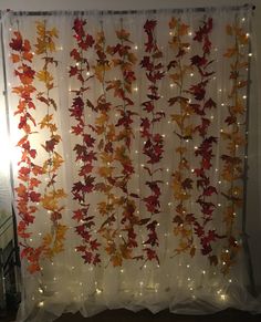 the curtain is decorated with fall leaves and fairy lights