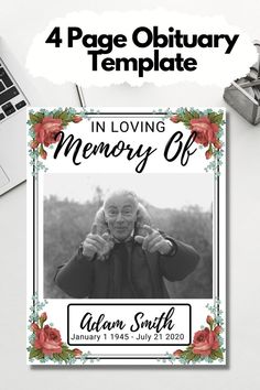 a memorial poster with an old woman holding her hand up to her ear and the words in loving memory off on it