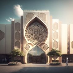 an architectural rendering of a building with intricate carvings on the side and trees in front