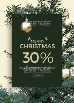 a christmas tree with ornaments hanging from it's branches and the words merry christmas 30 %