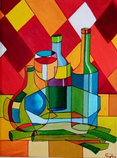 a painting of some bottles on a table