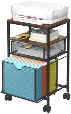 a multi - tiered cart with files, folders and a printer on it