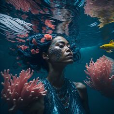 The use of artificial intelligence creates a unique and artistic twist on traditional fashion photography. Underwater Surrealism, Marine Life Fashion, Ethereal Accessories, Sea Editorial, Woman Underwater, Underwater Environment, Underwater Fashion, Underwater Model, Underwater Photoshoot