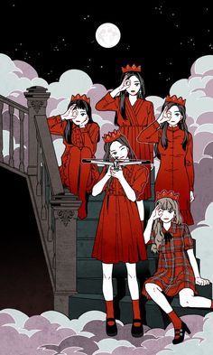 a group of girls in red dresses standing on stairs with their hands behind their heads