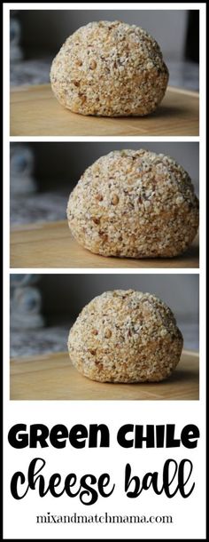 three different views of green chile cheese ball