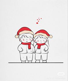 two children wearing santa hats and scarfs standing next to each other with hearts flying above them