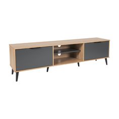 an entertainment unit with two doors and one shelf on the side, in grey and oak