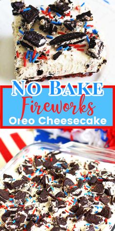 no bake fireworks oreo cheesecake on a plate with the title above it