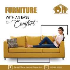 a woman sitting on top of a couch in front of a white background with the words furniture with an ease of comfort