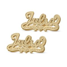 Turn your name into a fashion statement with these enticing stud earrings. Crafted in 14K gold over silver, each personalized earring showcases the name of your choosing - from three to eight characters in length - sculpted in a hammered script font. Beneath the name, a similarly textured heart and scroll ribbons complete the look. Buffed to a brilliant luster, these post earrings secure comfortably with friction backs. Gold Nameplate Earrings Gift, Gold Nameplate Earrings For Gift, Elegant Personalized Name Earrings, Customizable Gold Earrings For Anniversary, Personalized Yellow Gold Earrings For Anniversary, Customizable Gold Earrings For Personalized Gift, Elegant Customizable Earrings For Personalized Gift, Custom Name Gold Sterling Silver Earrings, Personalized Gold Nameplate Earrings