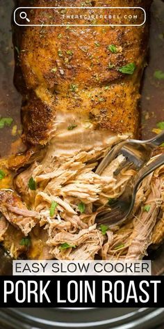 slow cooker pork loin roast in the crock pot with text overlay