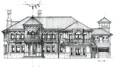 a drawing of a large house with lots of windows