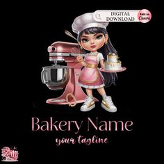 a cartoon girl holding a cake next to a mixer with the words bakery name on it