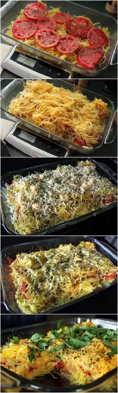 four different views of food being cooked in pans and on trays with the same topping