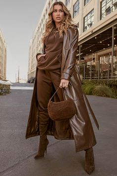 Available In Brown, Cream, And Mauve. Trench Coat Belted Pockets Button Closure Faux Leather Satin Lining Self: 55% Polyurethane 45% Polyester Lining: 100% Polyester Imported | Last Nights Look Trench Coat in Brown size Small by Fashion Nova Look Trench, Leather Coat Outfit, Brown Leather Coat, Trench Coat Outfit, Coat Street Style, Long Leather Coat, Loungewear Women, Leather Trench Coat, Night Looks