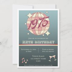 a 70th birthday party card with an image of the globe and music notes on it