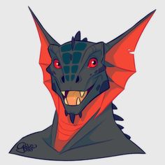 a drawing of a dragon head with red eyes and an orange blazer on it's face