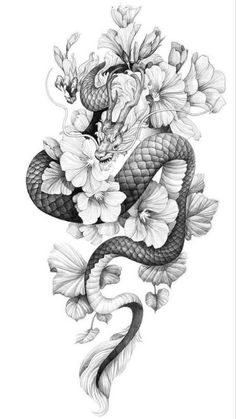 a drawing of a snake with flowers on it's back and an arrow in the middle