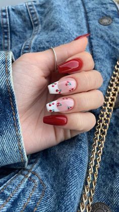 Nail Art On Coffin Shape, Cherry Nails Simple, Cherry Nails Almond Shape, Nail Design Coffin Shape, Nail Cherry Designs, Black Nails With Cherries, Cherry Nails Aesthetic, Simple Nail Designs Coffin Shape, Cherry Nails Coffin