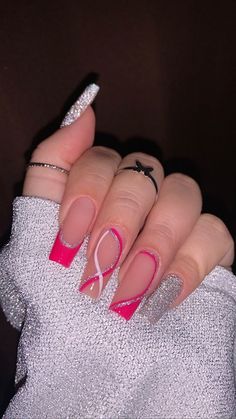 Her Nails, Pink Acrylic Nails, Neon Nails, New Year's Nails, Long Acrylic Nails