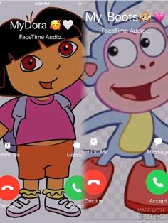 the cartoon character dora is talking to someone on her phone, and she's smiling