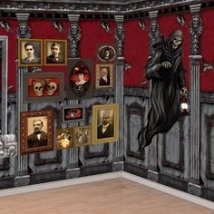 a room decorated in gothic style with pictures on the wall