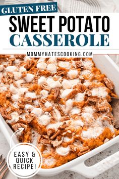 sweet potato casserole in a white dish with text overlay