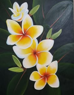 a painting of yellow and white flowers on a black background