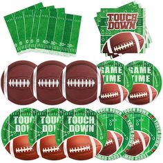 a football party pack with green and white paper plates, napkins, and game time stickers