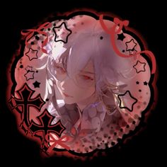 an anime character with white hair and red eyes in a black circle surrounded by stars