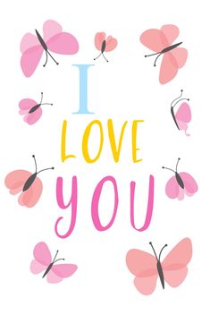 the words i love you are surrounded by pink and yellow butterflies in a circle on a white background