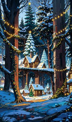 a painting of a snowy christmas scene with trees and houses in the background, all lit up by string lights