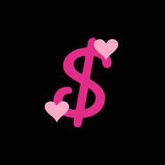 a pink dollar sign with two hearts on it's side, against a black background