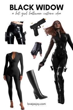 the black widow costume is shown with boots and gloves