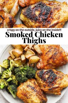 grilled chicken thighs and broccoli on a white plate with text overlay that reads crispy on the outside, juicy on the inside