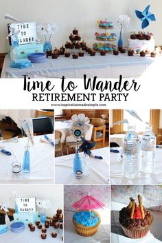 a collage of photos with the words time to wander retirement party