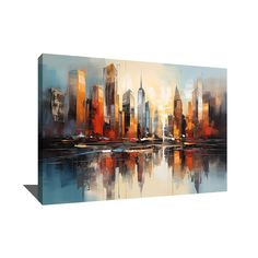 an abstract painting of a cityscape with orange and blue colors in the background