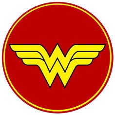 the wonder woman logo is shown in a red circle with yellow wings on it's side