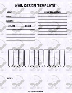 Introducing the Nail Design Template by Nails By Haylee! This simple yet effective template is the perfect place to let your creativity flow and keep yourself organized. Looking for a new way to elevate your next nail appointment or press on set? This is the perfect template for you! 💅🖤 Each template has been professionally deigned by a nail artist - me! 😊 So I can speak from first hand how these are easy to use! These templates will help you keep track of client, dates/times, length, product/brands, price breakdown, notes. And of course the nail designs!  WHAT'S INCLUDED  🖤Medium Square Nail Design Template - digital download  THIS IS FOR PERSONAL USE. Press on nail business, nail artist, nail tech, salon business owners.  📌This template IS NOT to be shared with anybody who has not p Nail Tech Service List, How Much To Charge For Nails, Nail Planner Template, Nail Tech Starter Kit List, Nail Tech Templates, Nails Template Designs, Nail Template Free Printable, Nail Tech Notes, Nail Tech Set Up