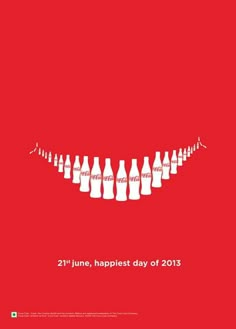 an open happiness poster with bottles in the shape of a line on a red background