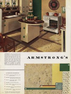 an old advertisement shows the kitchen and dining room in different colors, including green, yellow, and white