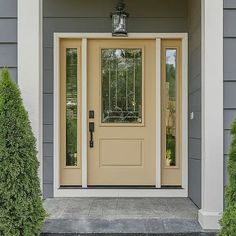 the front door of a house with two sidelights on either side and one light on each side