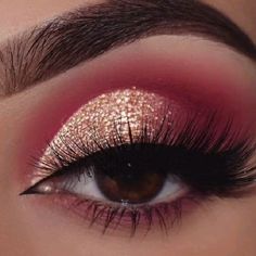 Red And Gold Eyeshadow Looks For Quince, Maroon And Gold Makeup Looks, Quinceanera Red Makeup Ideas, Red And Gold Quinceanera Makeup, Burgundy Quince Makeup, Gold And Red Makeup Looks, Red Quinceanera Makeup, Red Makeup Looks For Quince, Quince Makeup Red