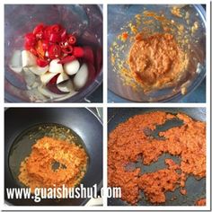 four pictures showing different stages of cooking food in a pan with onions and peppers on the side