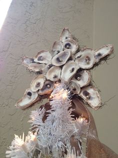 a white christmas tree decorated with oysters