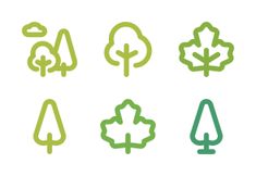 trees and leaves are drawn in green on a white background