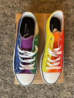 Our classic low tops with a Pride rainbow mix across both shoes and are totally unique. Inspired by converse but with a twist of Styles Vista added. A great gift for him or her. Listed in women's sizes. For bigger sizes please send us a message. Each shoe has 3 colours of the pride rainbow, all in the same order as the pride flag, making them totally unique. Wear them with STYLE! Features:     Canvas upper lining construction with EVA padded insoles.     Complete with metal eyelets and a lace up Pride Shoes, Rainbow Sneakers, Sneakers Multicolor, Style Converse, Style Vans, Converse Low Tops, Converse Style, Vans Style, Pride Rainbow