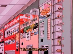 an animated image of a vending machine with the words i live in the future