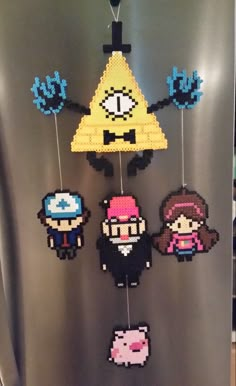 a refrigerator with some pixelated items hanging from it's side