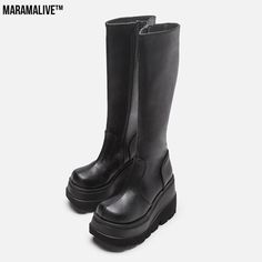 Gothic Knight Boots Slay in Mid-High Chunky Platforms Gothic Platform Boots, Knee High Boots Winter, Platform Boots Women, Rider Boots, Popular Boots, Wedges Style, Super High Heels, Womens Knee High Boots, Black Side